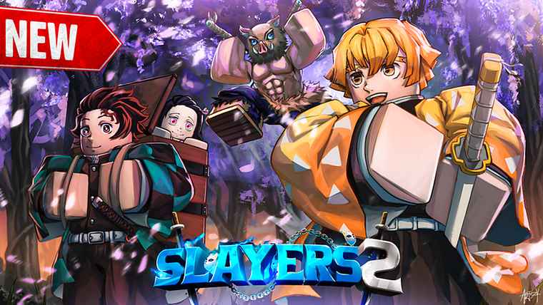 Tanjiro and Nezuko style characters with a masked boar fighter and a yellow-haori swordsman in a purple wisteria forest