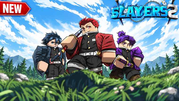 Three slayers in uniform standing on a grassy hill under a bright sky with the Slayers 2 logo